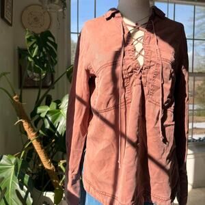Free People Boho Terracotta Lace Up Blouse XS